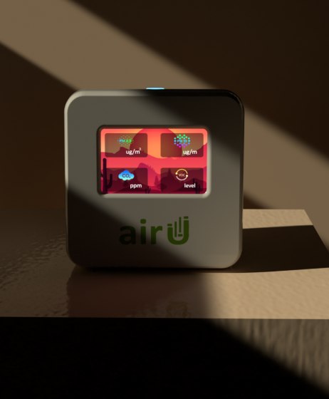 Envitus airU indoor air quality monitor displaying live PM2.5, VOC and CO2 readings