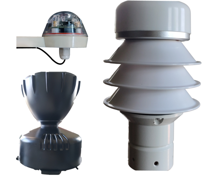 Rainfall monitoring hardware including an optical sensor and tipping-bucket gauge