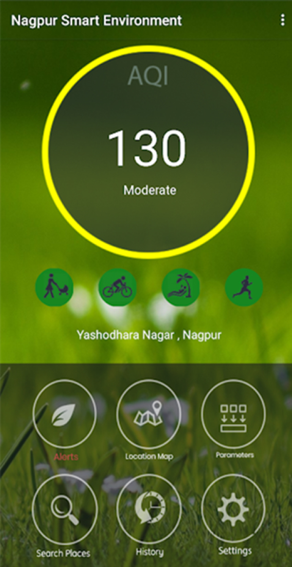 Envitus Citizen App interface showing an air quality index gauge and navigation