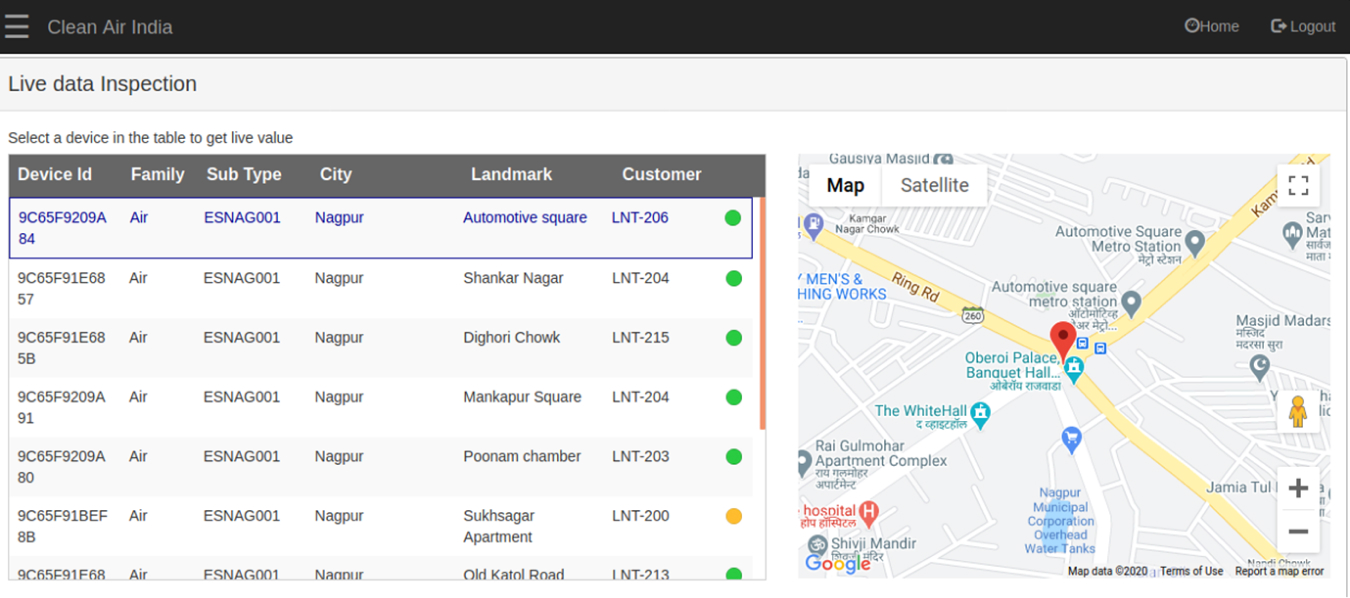 Envitus dashboard with a device list, status indicators and monitoring locations on a map