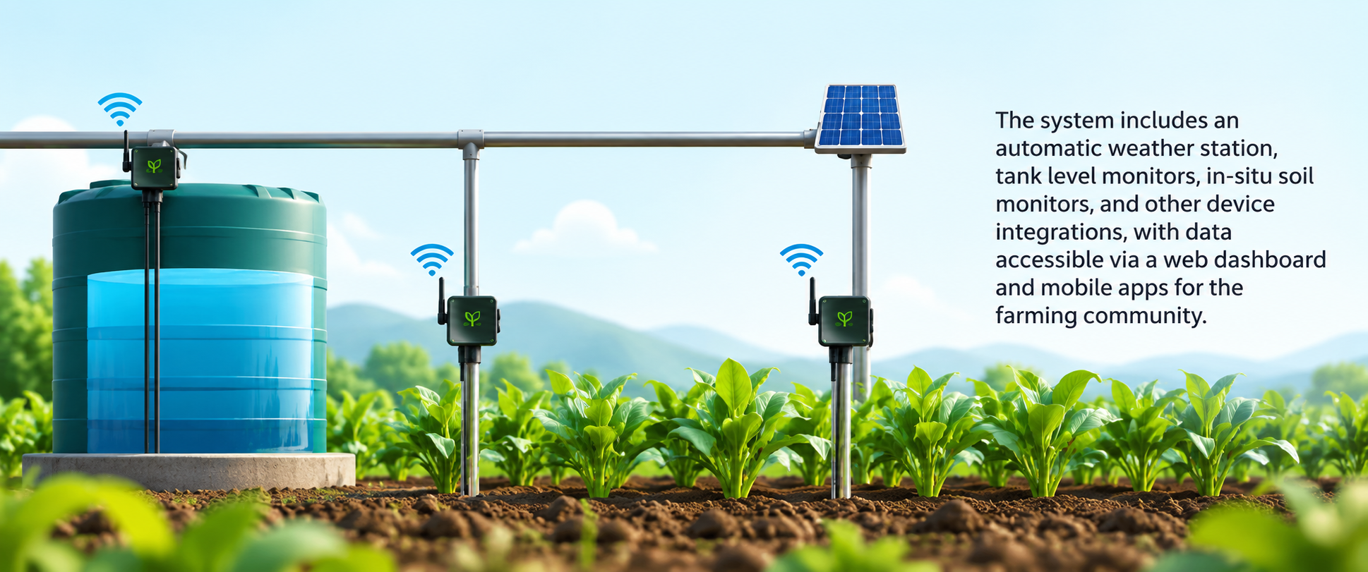 Concept illustration of soil monitors, a water tank level monitor and solar power in a crop field